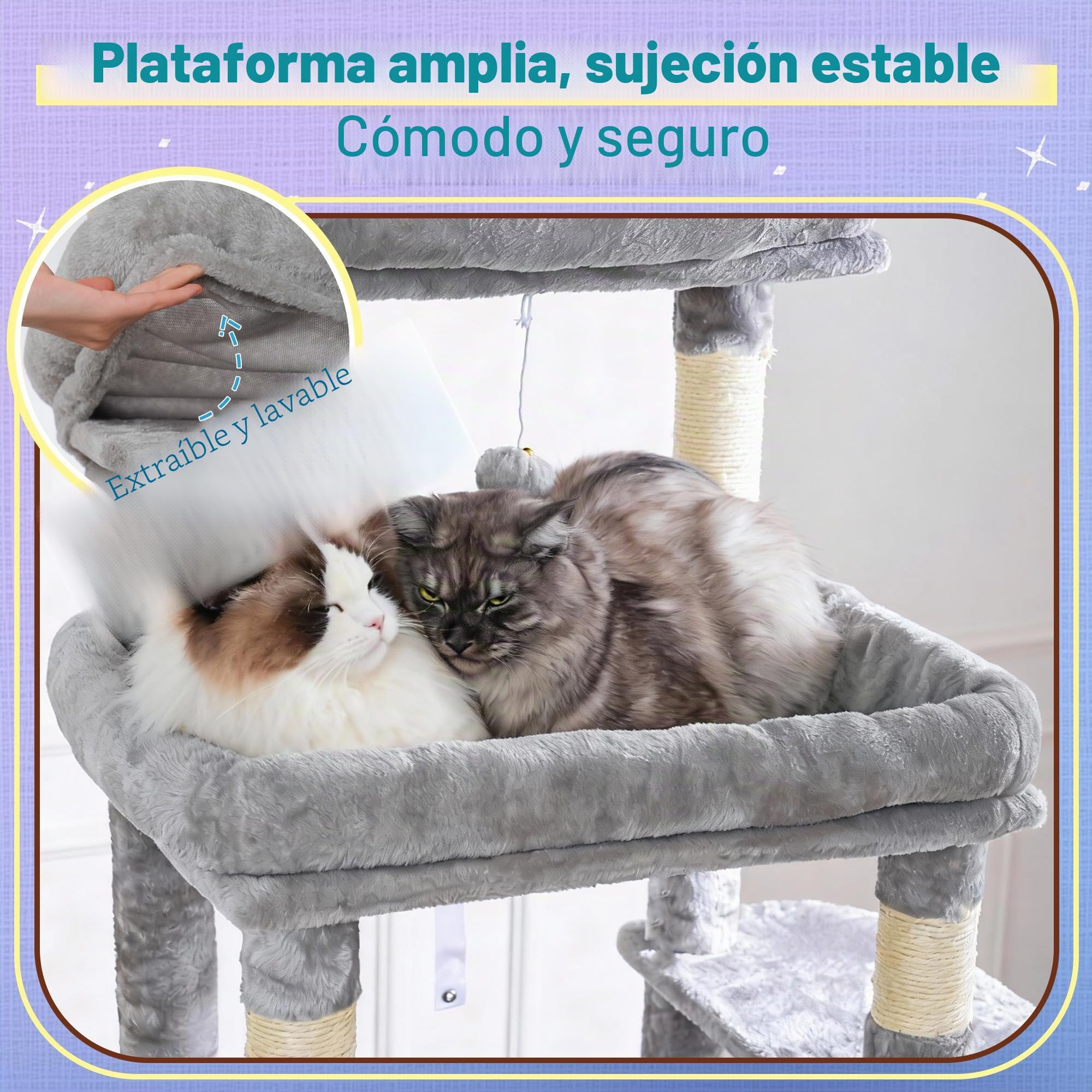 Hey-brother Rascador para Gatos, con Hamaca, Cueva, 2 Plataformas, MPJ080W | 182cm Árbol para Gatos, 2 Cestas Suaves, Rampa Rascadora, Pelota de peluche, para Múltiples Gatos de Interior, Gris Claro