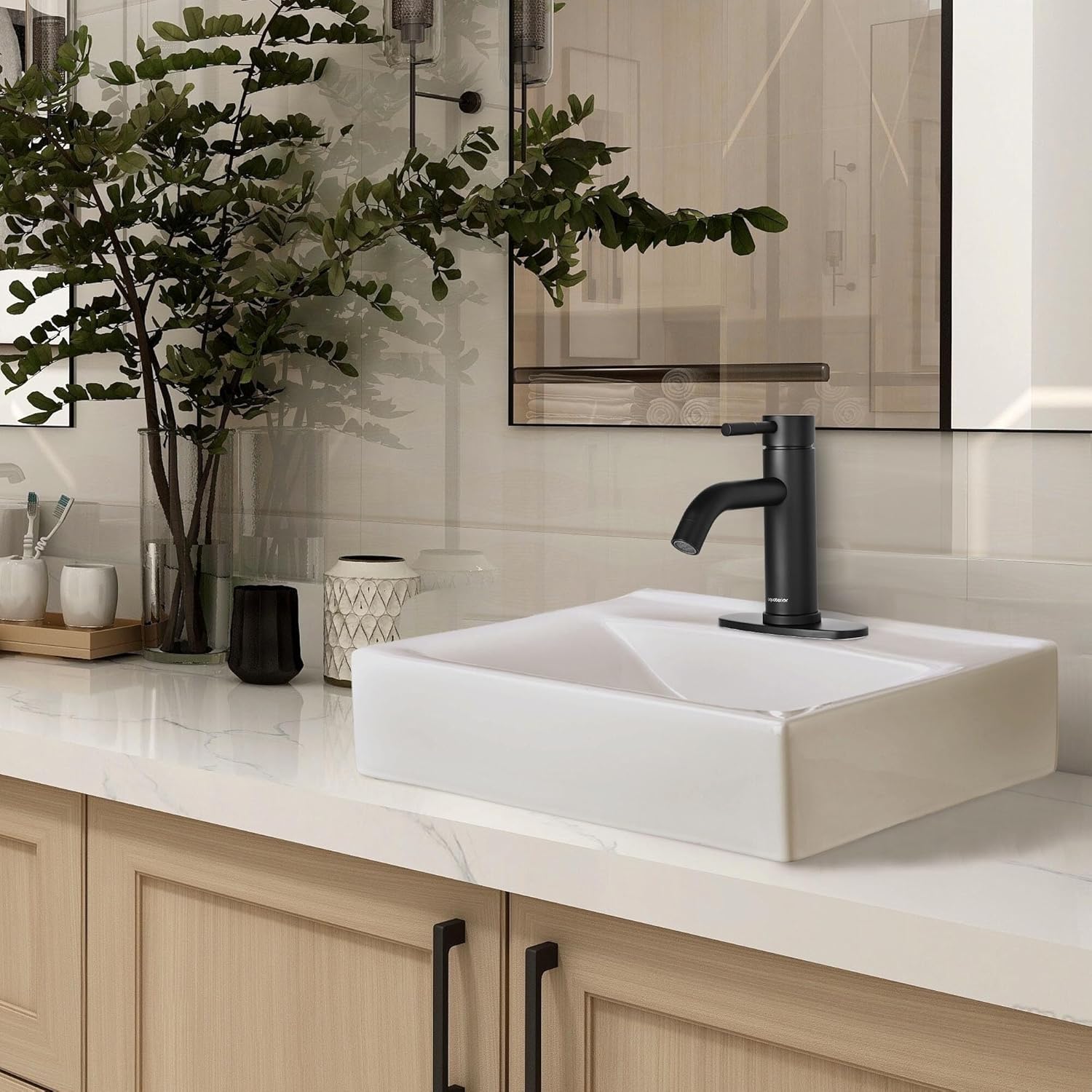 Aquaterior Porcelain Bathroom Vessel Sink 18"x12" with Matte Balck Single Handle Faucet Pop-up Drain Set Rectangle Above Counter Vanity Basin Arts & Crafts