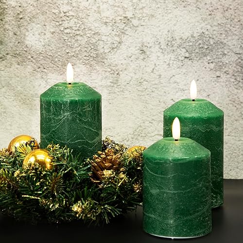 Miniatura 4 de Eywamage Velas de pilar sin llama verdes con control remoto, velas LED parpadeantes de cera real que funcionan con pilas, juego de 3