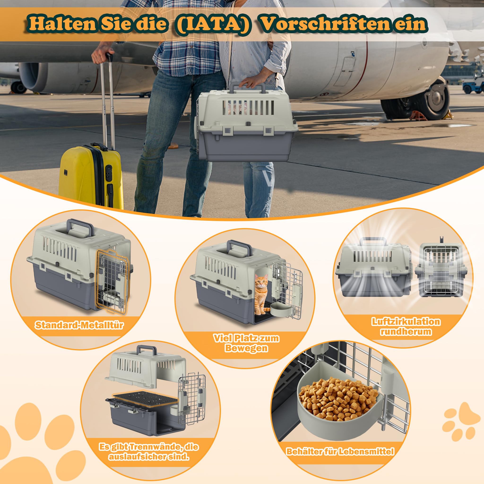 HENGMEI Transportbox Hundebox Hundetransportbox Kleine Hunde und Katzen Kaninchen Kunststoff Katzenkorb Tiertransportbox mit Tür Lüftungsschlitze Urinbarriere Schalen und Tragegriff, 60×39.5×44cm