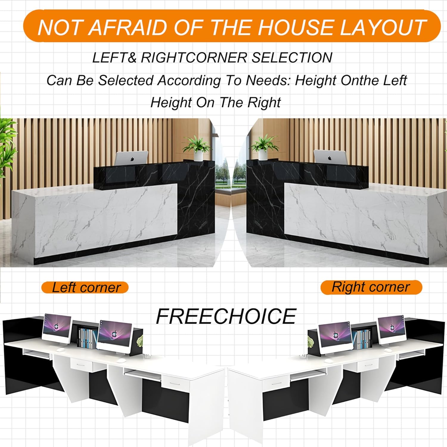 Wood Reception Desk Marble Stone with Checkout Retail Counter L Shaped Modern Mostrador para Negocio Office Desk Closed Front with Storage Drawers for Barber,Salon,Clothing Store
