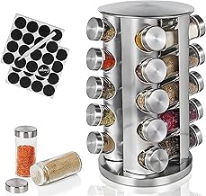 Rotating Spice Rack Organizer,Stainless Steel Spice Tower with 20 Empty Jars and Labels, Round Carousel Spice Rack Tower for Kitchen Countertop, Cabinet