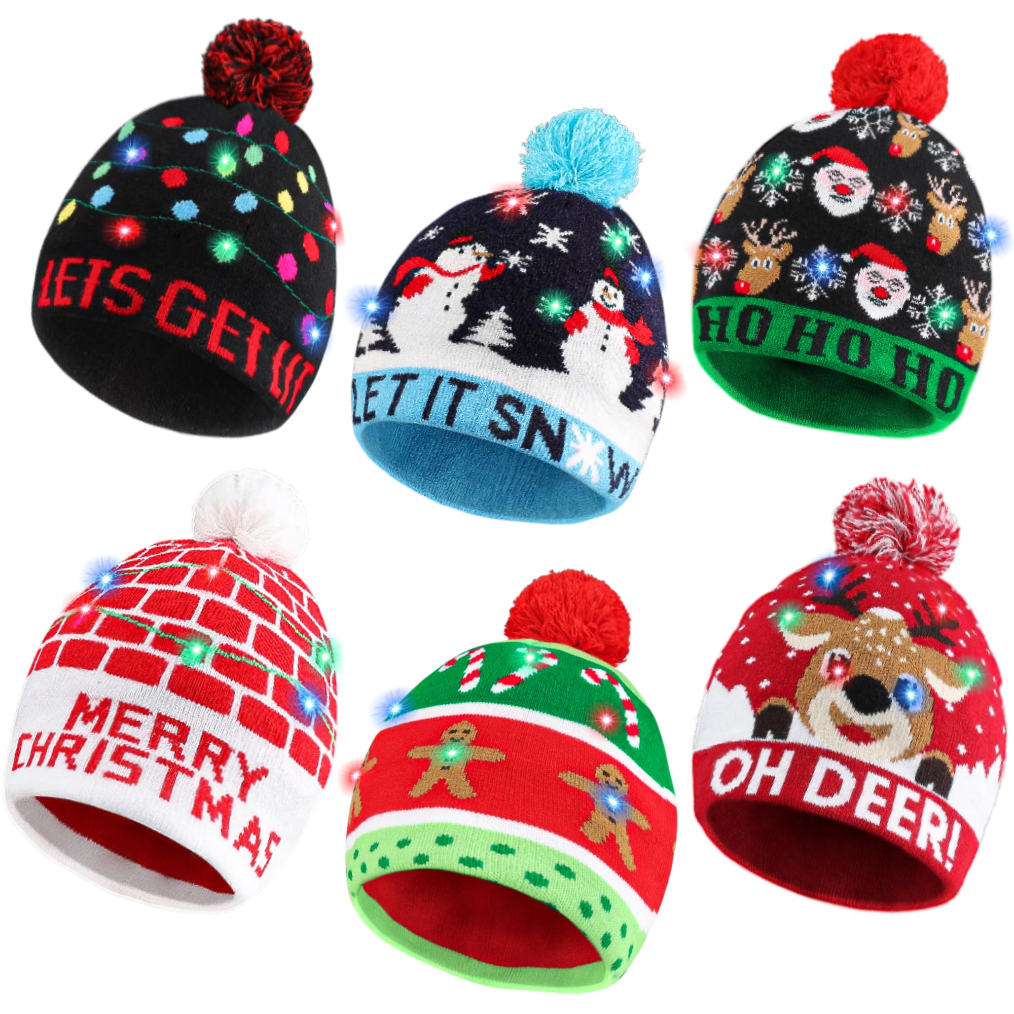 Light Up Christmas Knitted Beanie Hat, Large Knit Hat Xmas Small Gifts with 6 Colorful LED Lights, Winter Hat