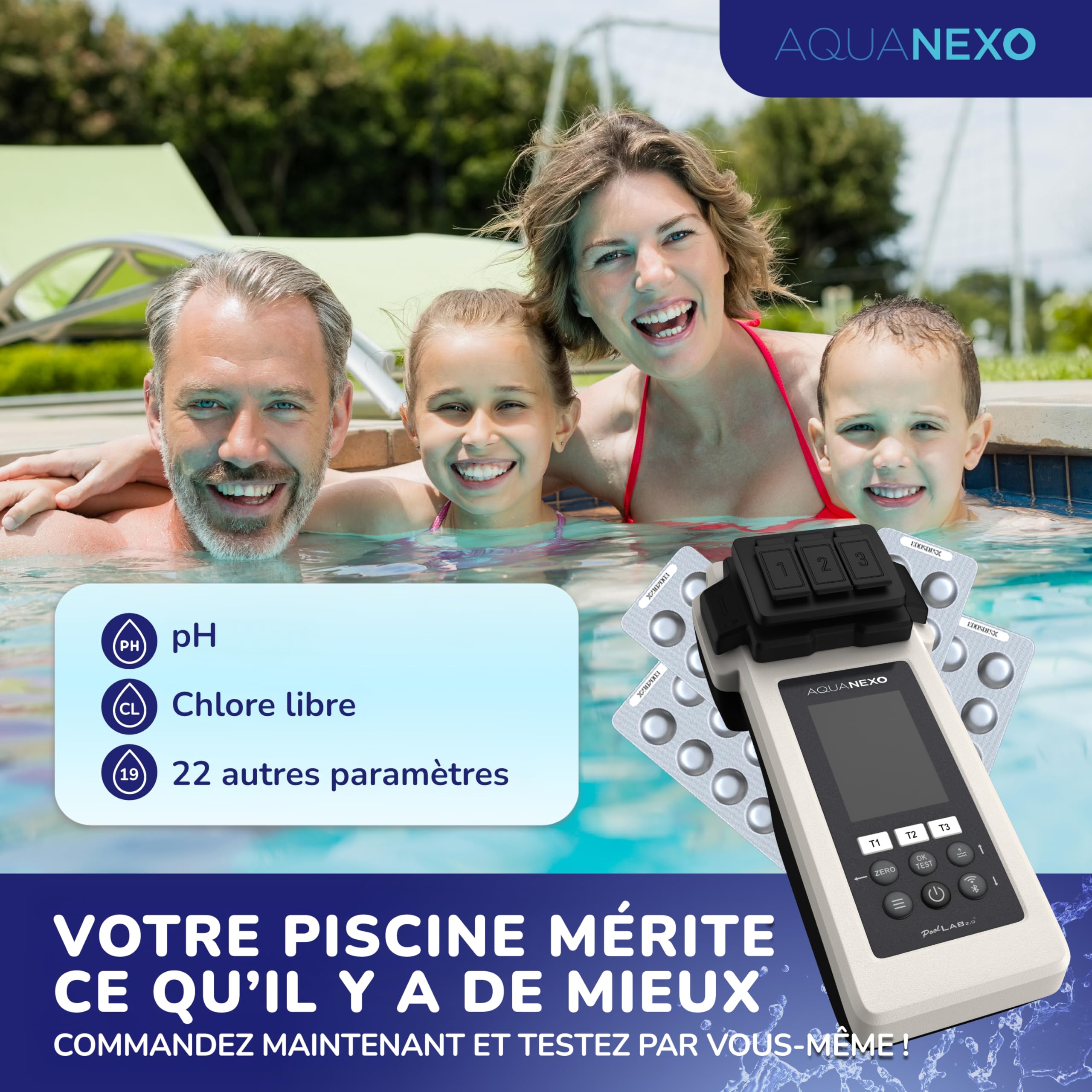 Poollab 2.0 + 240 pastilles de test, chlore et pH, testeur de piscine, pataugeoire