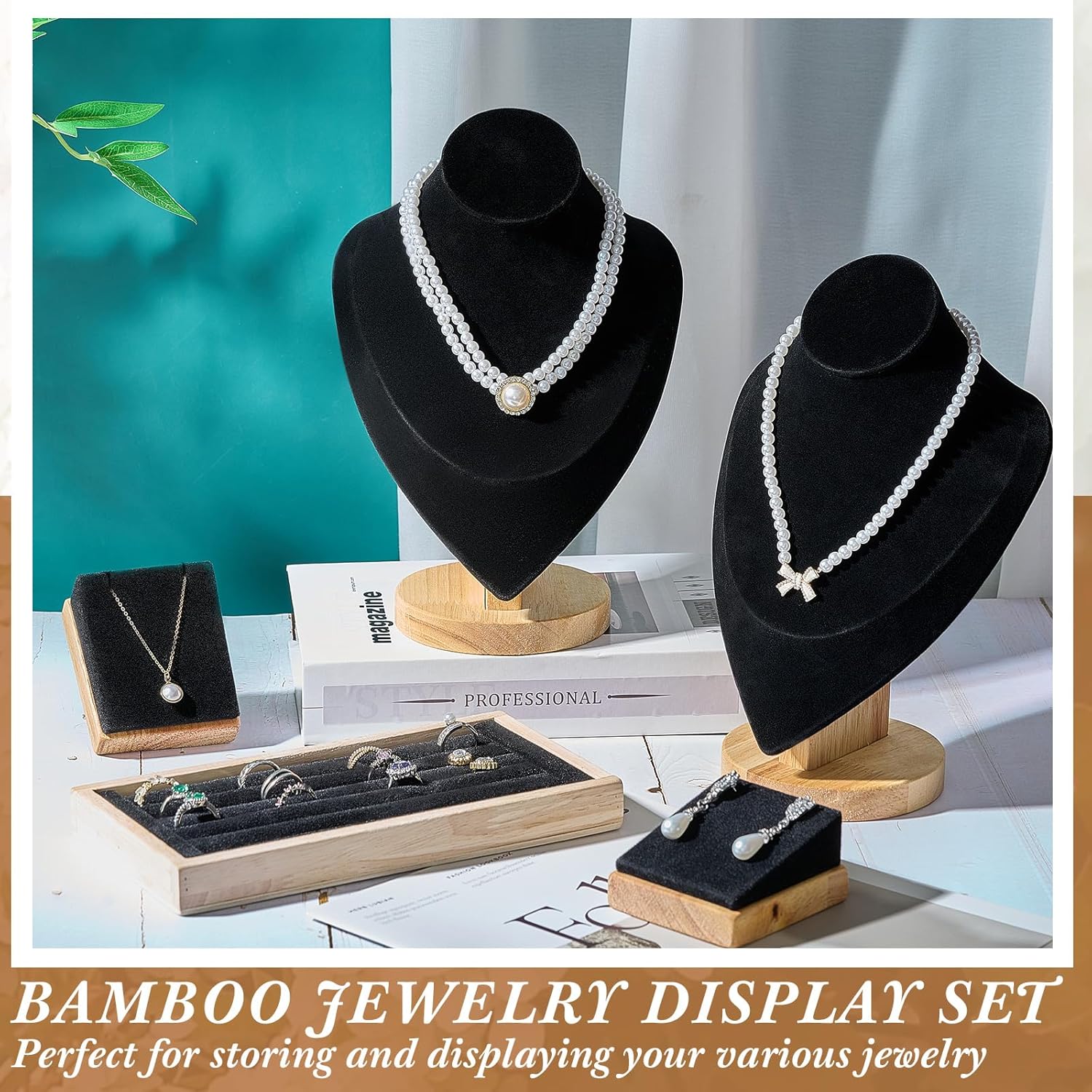 7 Pcs Velvet Jewelry Bust Display for Vendors with Bamboo Stand Set Necklace Display Stand Bamboo Ring Earring Organizer(Black)