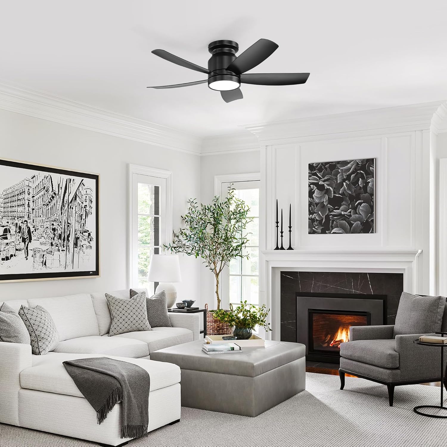 42 Inch Flush Mount Ceiling Fans with LED Light 22W and Remote Control 5 ABS Fan Blades for Bedroom
