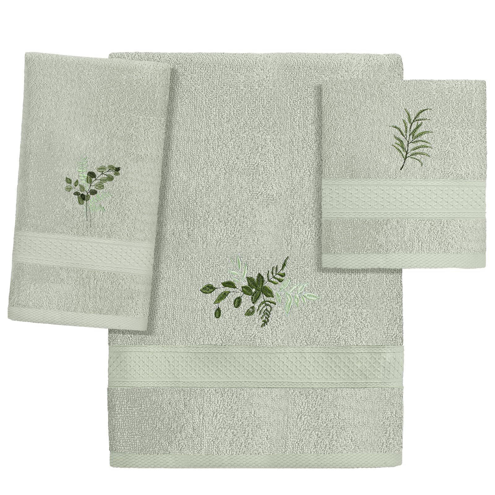 Hillsuren 3 Pcs Eucalyptus Leaves Bathroom Towel Set Farmhouse Embroidered Eucalyptus Leaves Towels Vintage Decorative 100% Cotton Bath Towel Highly
