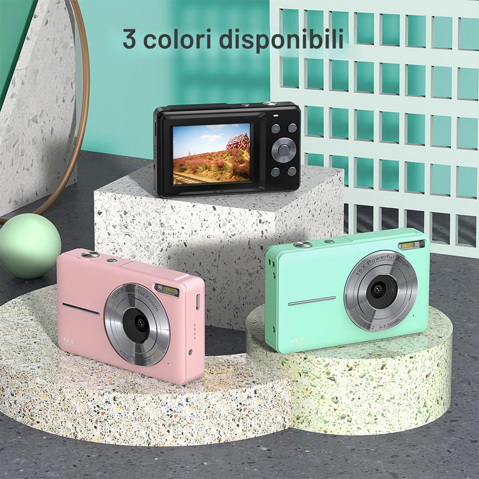 Andoer Fotocamera digitale con 2 batterie ricaricabili,memoria da 32 GB 1080P 44 M HD Zoom digitale 16X Anti-shake Messa a fuoco automatica Schermo IPS 2.5 Schermo LCD Sorriso per Bambini,rosa chiaro
