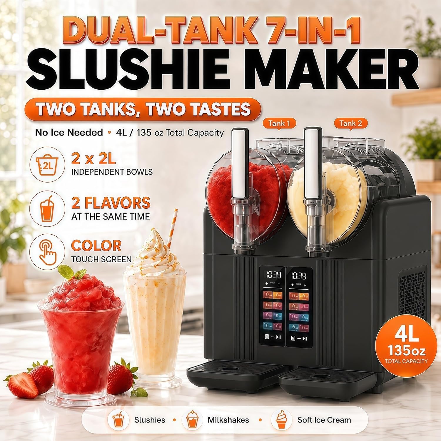 Machine à granités 7 en 1 pour la maison, sans glace, 2 grands réservoirs de 2 L, autonettoyante, facile à utiliser pour préparer granités, jus, frappés, milkshakes, boissons fraîches(Black)
