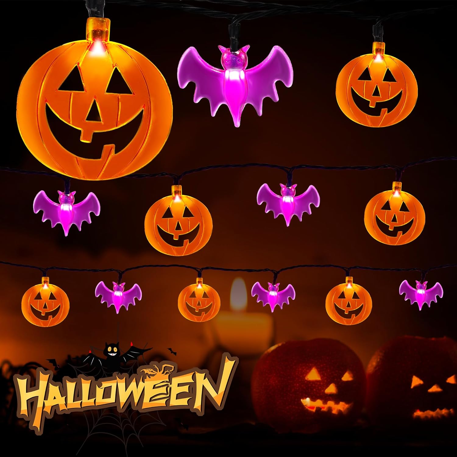 Amazon.com: Halloween String Lights - 70 LED 29.5Ft Pumkin & Bat Light ...