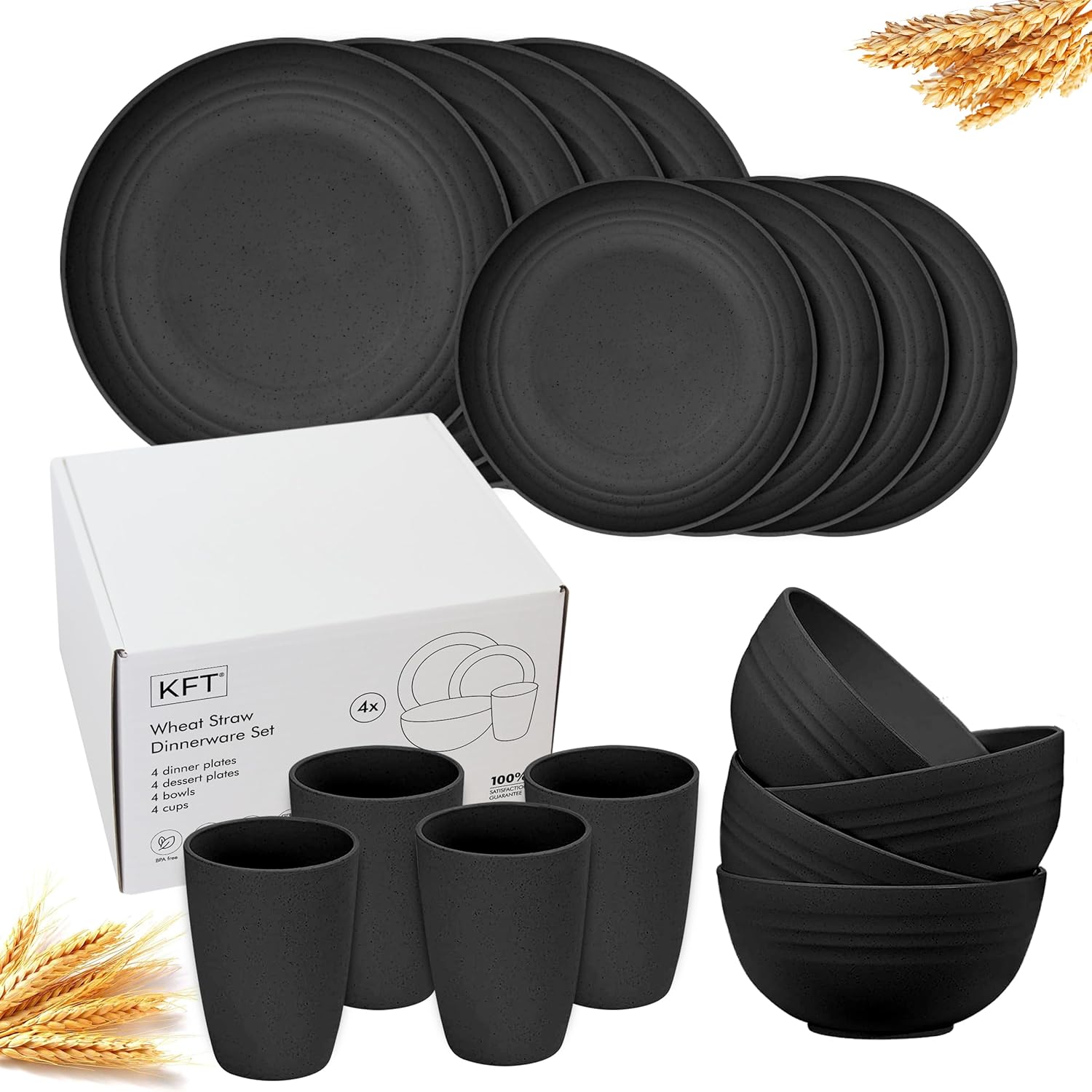 Wheat Straw Dinnerware Sets for 4 – KFT Lightweight & Unbreakable Dishes Microwave & Dishwasher Safe Perfect for Camping, Picnic, RV, Dorm Plates, Cups and Bowls (Black)