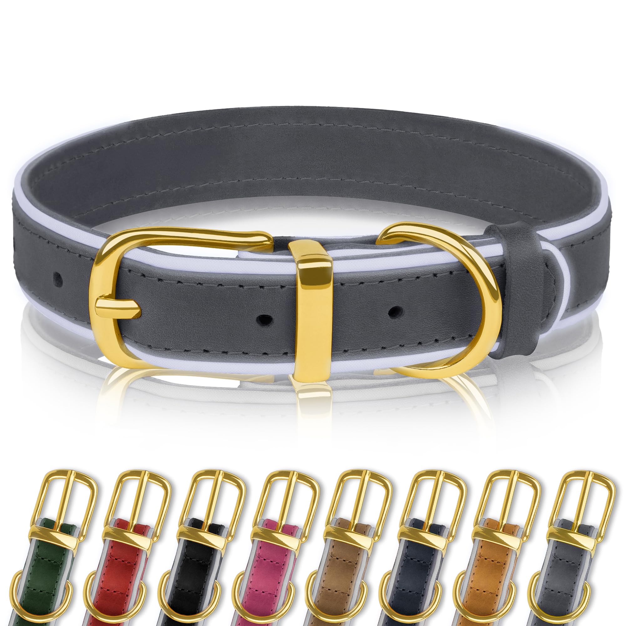 OOPSDOGGY Reflective Geniune Leather Dog Collar Soft Padded Collars for Small Medium Large Breed Dogs Puppy 4 Sizes