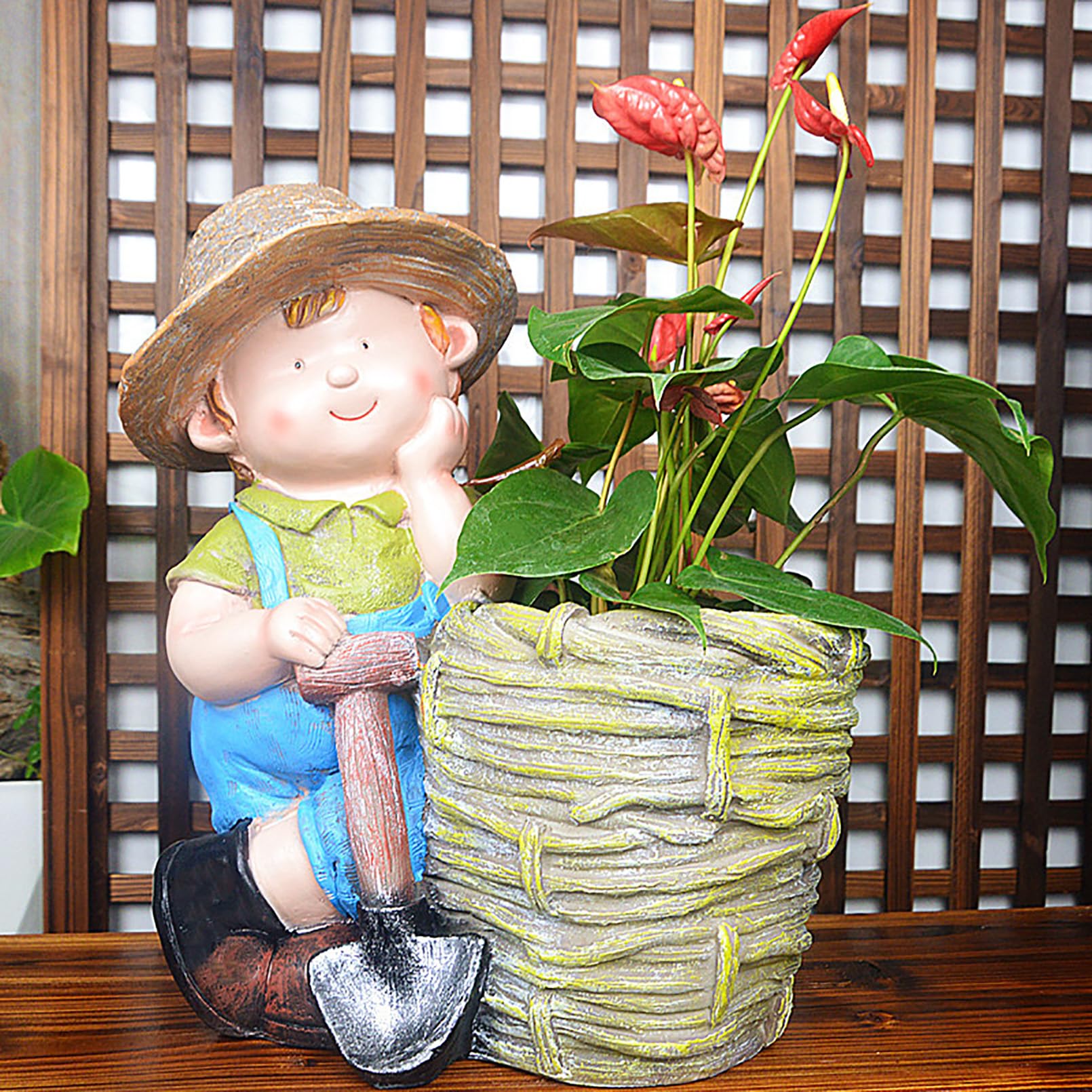 Grande Figura da Giardino con Vaso di Fiori Decorazione da Giardino per Esterni, Simpatico Personaggio dei Cartoni Animati da Statua Figura, Resistente alle intemperie,Verde,40x33x20cm