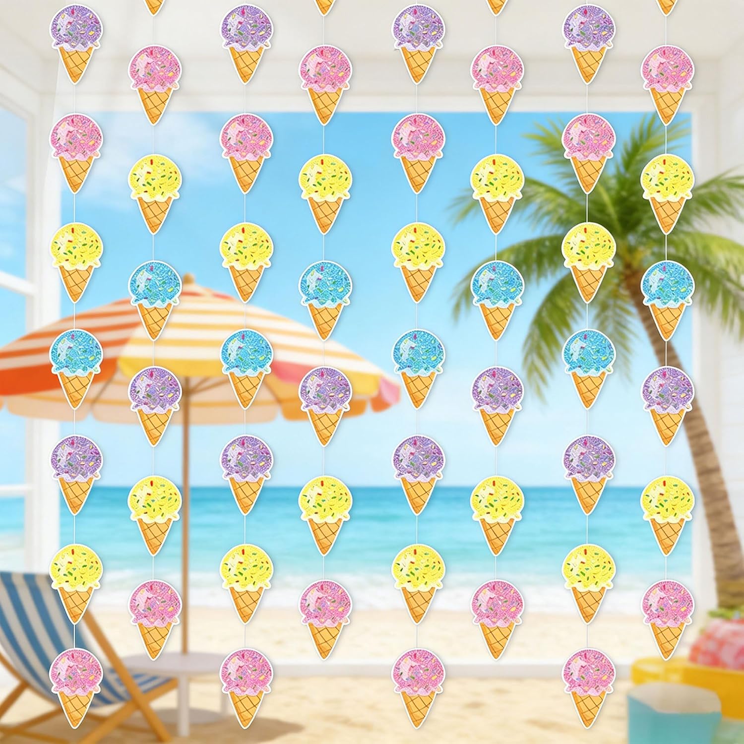 8 Pcs Ice Cream Garland, Ice Cream Paper Cutout Hanging Garland Banner, Sweet Dessert Party Streamers Hanging Decorations for Summer Birthdays Baby Shower Party Supplies Home Decor