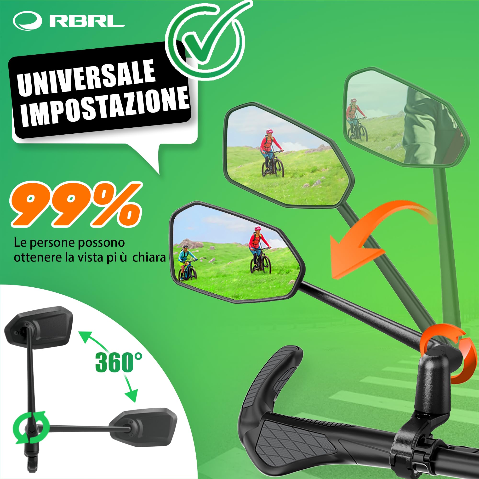 RBRL Specchio da bicicletta per manubrio ProVision in lega di alluminio, infrangibile e durevole, girevole a 360° e pieghevole, per bicicletta elettrica e scooter (a sinistra)