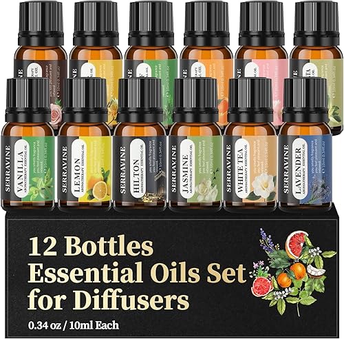 Perfecto para difusores, juego de 12 aceites esenciales naturales con caja de regalo y bolsa, lavanda, vainilla, rosa, menta y más, ideal para