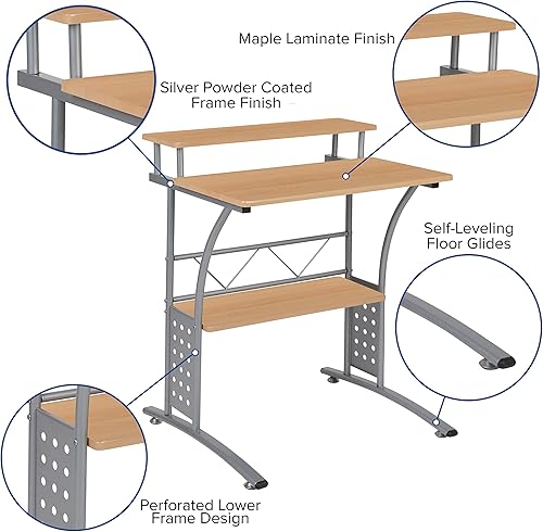 Miniatura 6 de HBCY Creations Escritorio pequeño para computadora, acabado de arce, marco de acero plateado, 28 pulgadas de ancho, plataforma elevada para monitor,