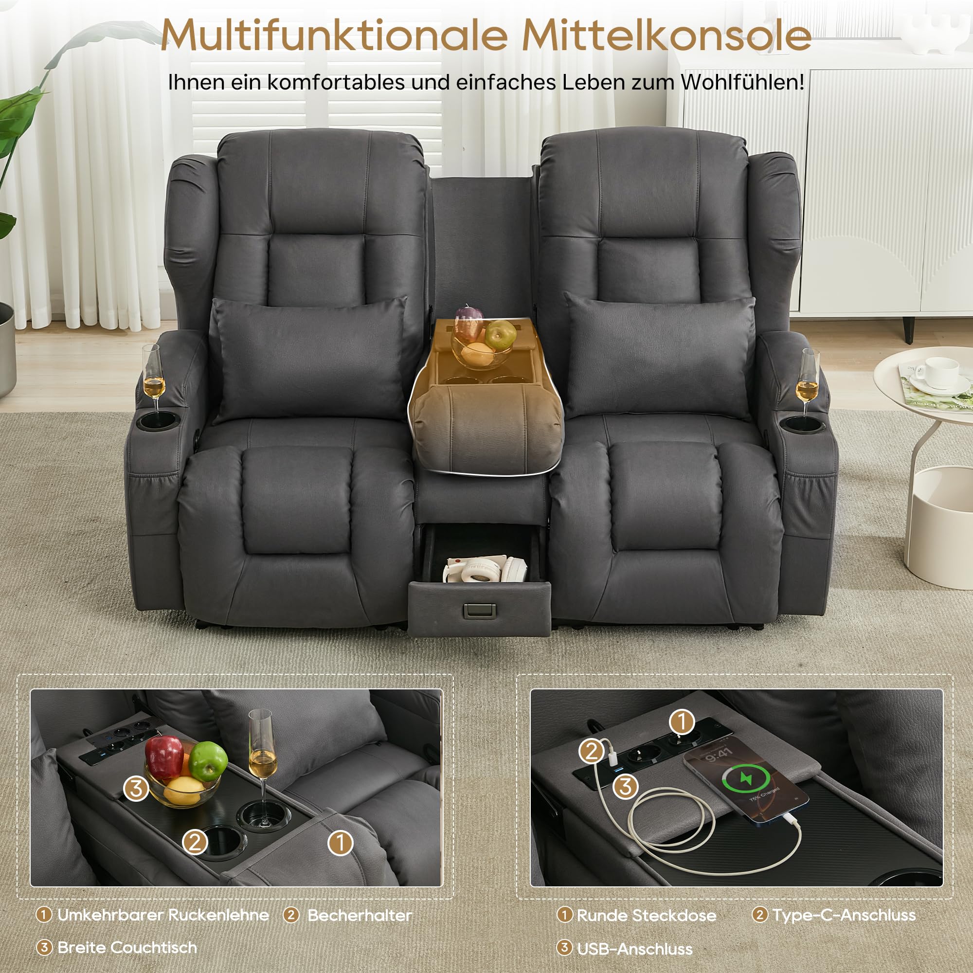 2er Relaxsessel mit Liegefunktion, Zweisitzer Fernsehsessel 2 Sitzer TV Sessel mit Konsole, Manuell Verstellbar Doppel Kinosessel bis 360 kg (Grau)