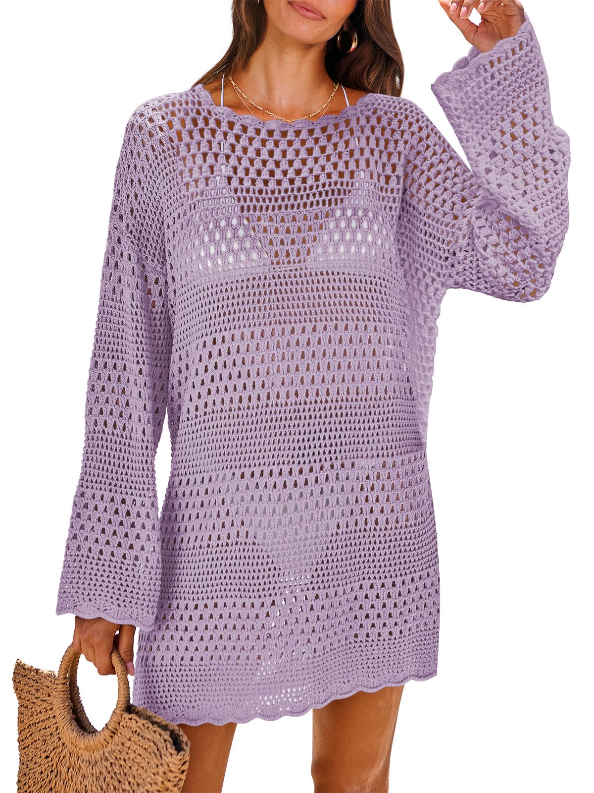 ANRABESS Women Swimsuit Cover Up Beach Crochet Bathing Suit Mini Dress