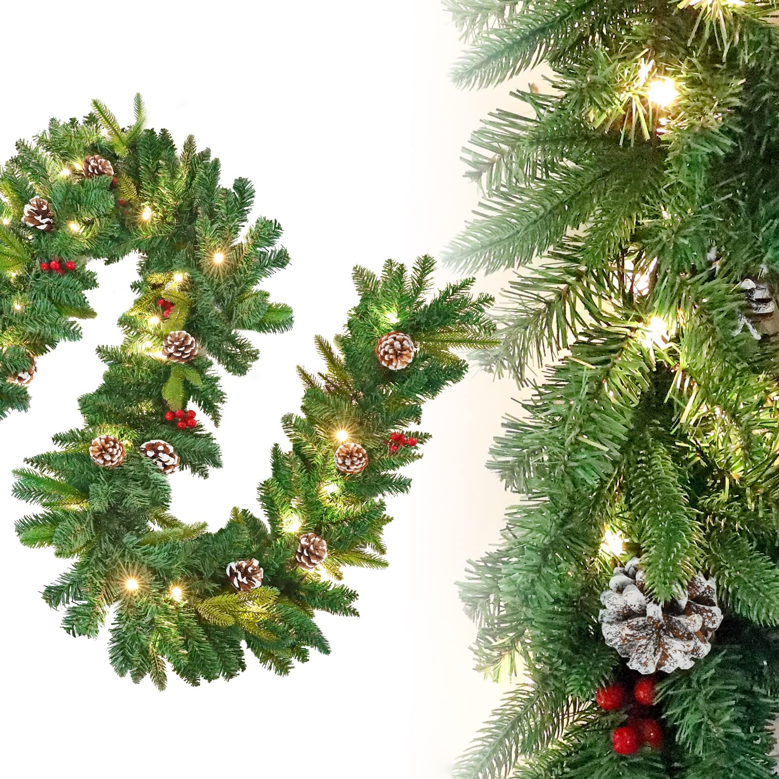 LZQ Girlande Weihnachten 8m, Weihnachtsgirlande mit Beleuchtung, Tannengirlande, Weihnachtsdeko Girlanden mit Roten Beeren und Tannenzapfen, für Innen und Außendekoration von Türen, Wänden und Treppen