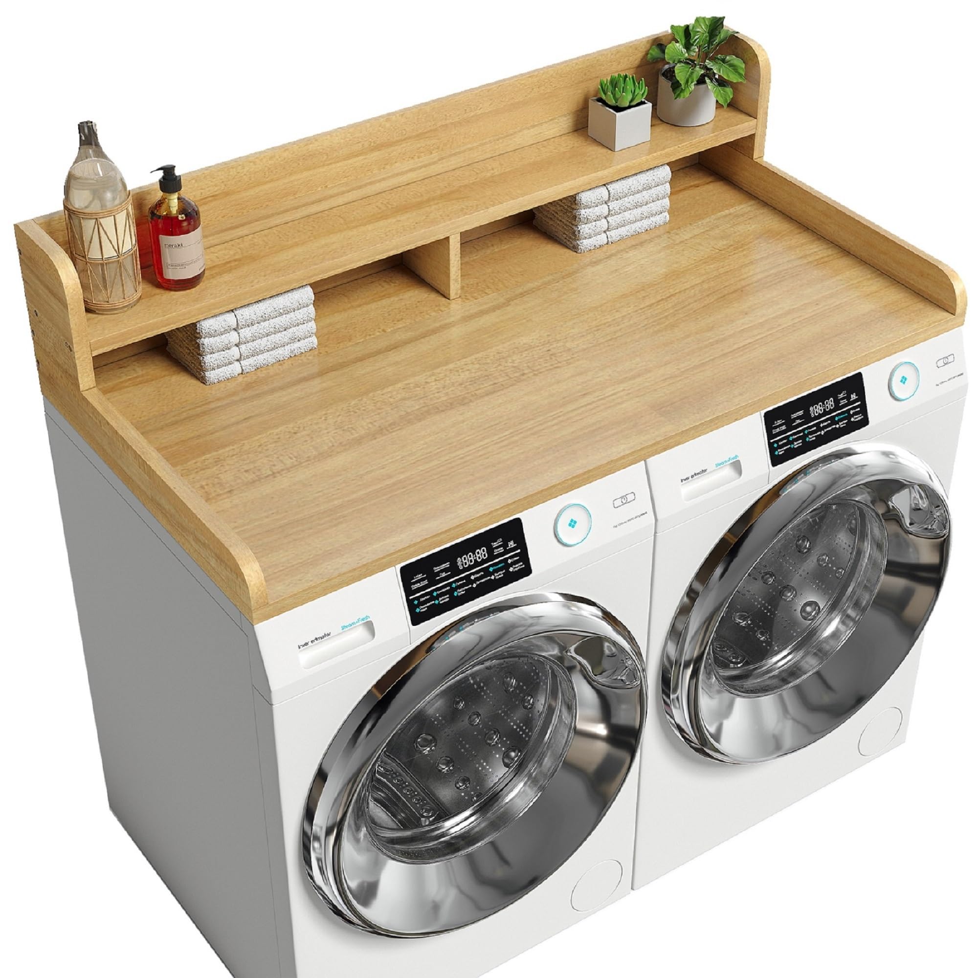 2-tier washer dryer countertop with 2.75"h edge rails, 54" w x 27.55" d laundry countertop for folding clothes, washer and dryer topper with non-slip pad (pure wood color)