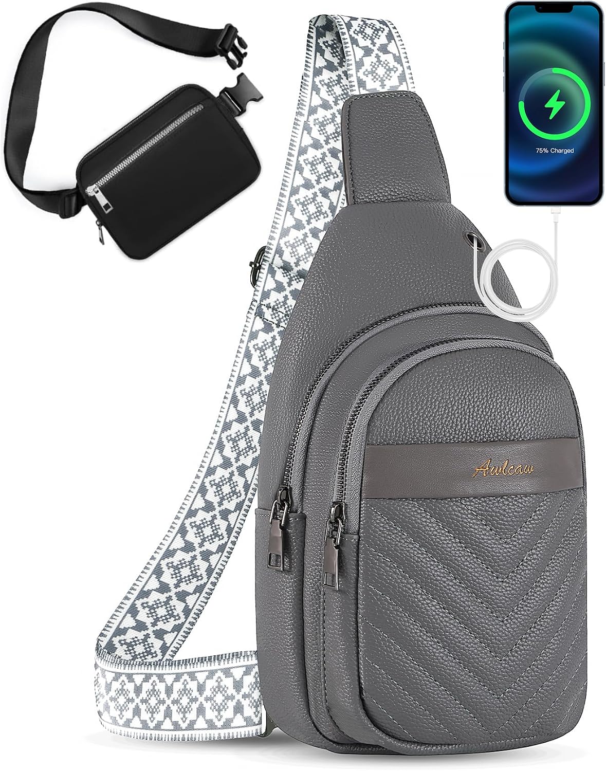 Crossbody bags Set, Faux Leather Small Sling Bag Fashion Shoulder Waist Packs Purse and Fanny Packs Set for Man and Women, Black