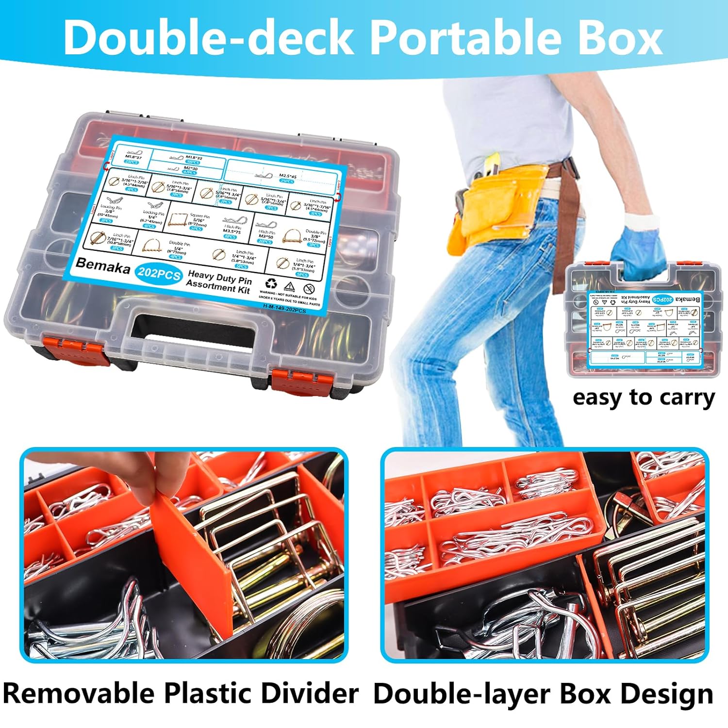 192Pcs 1/8 Inch Toggle Bolts, Butterfly Anchors Heavy Duty Drywall Anchors and Screws Kit for Hollow Wall, Ceiling (48 Sets) + 202Pcs Hitch Pins Clip Pins Assortment Kit