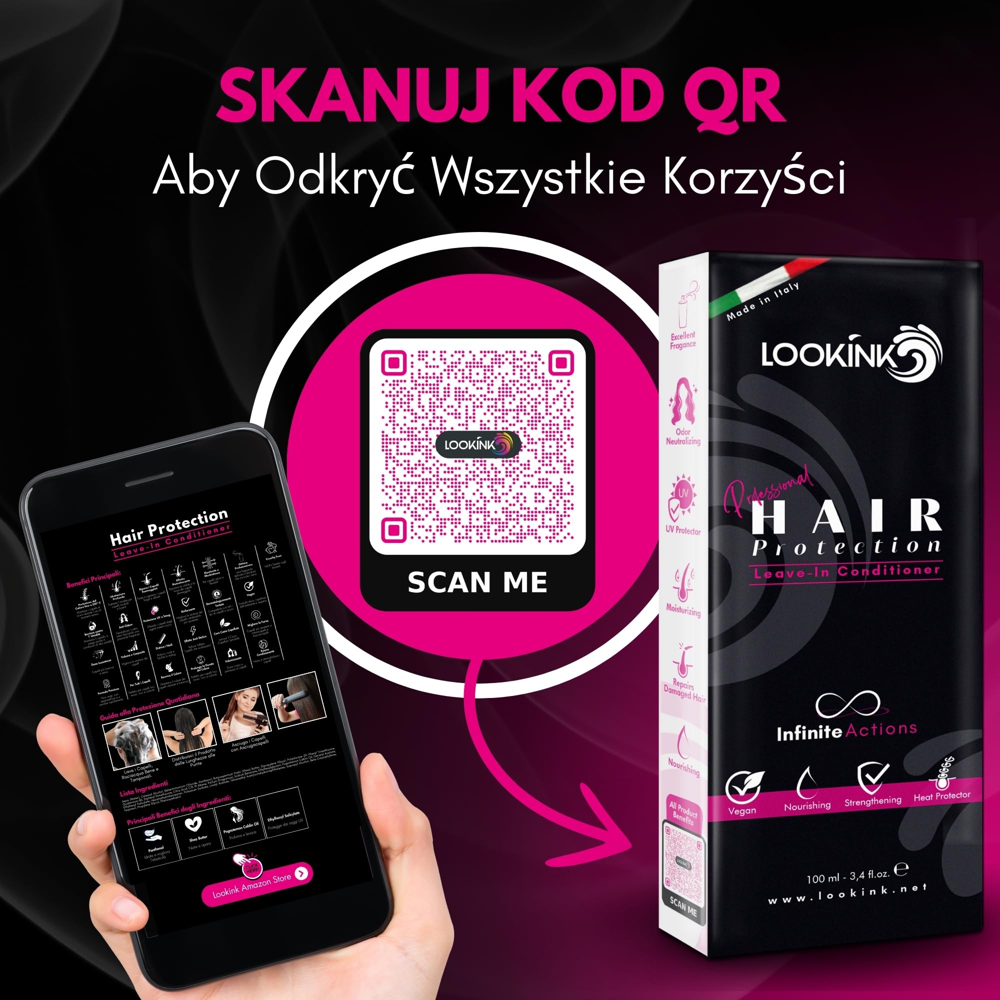 Ochrona włosów w pozostawianiu 100 ml - profesjonalna ochrona przed przegrzaniem włosów - ochrona przed ciepłem w temperaturze 230°C i UV, przeciw puszeniu, przeciw zapachom i wilgocią, nawilża,