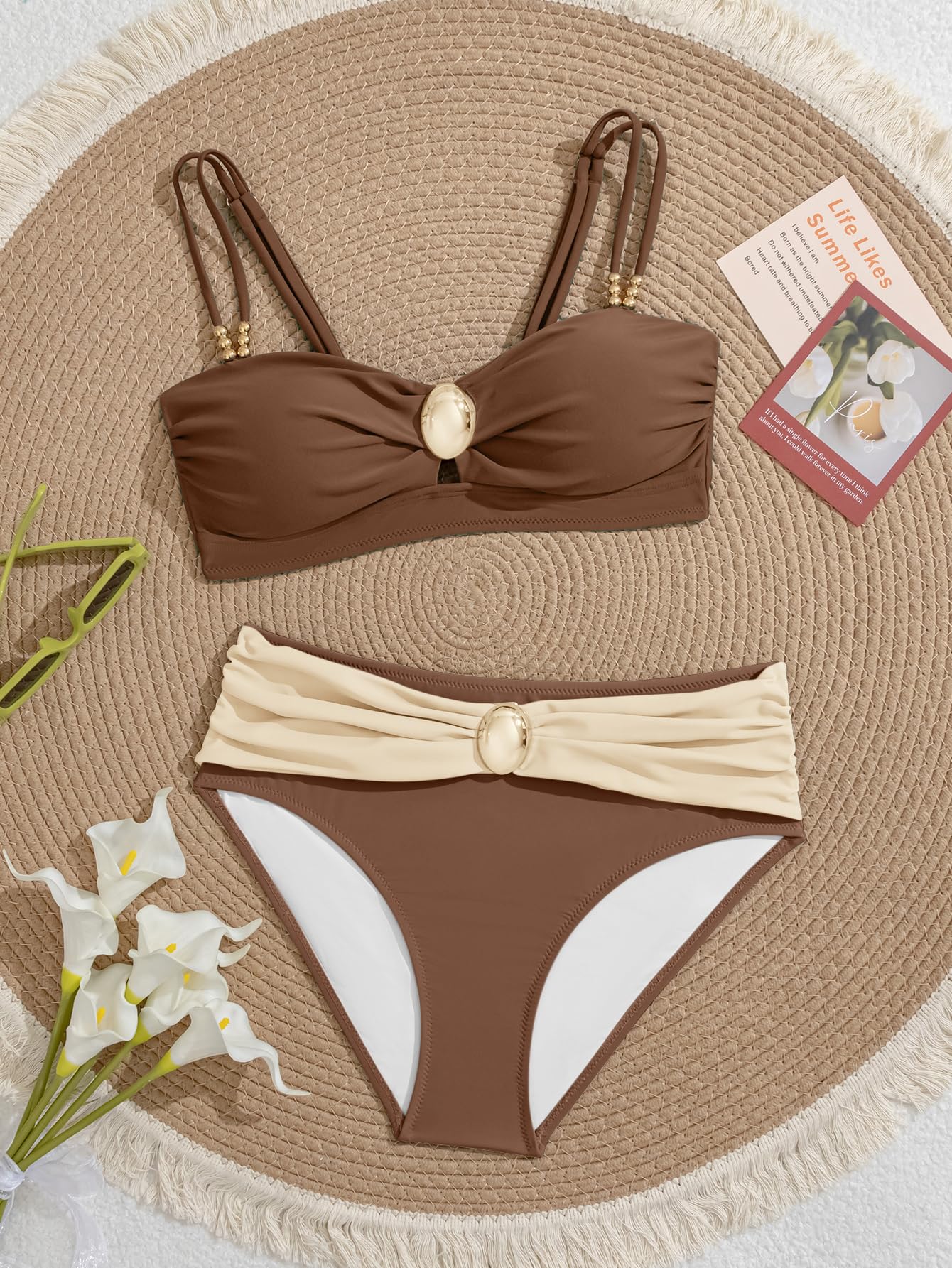 Eomenie Color Block Bikini Set - V Neck Tie Back Two Piece Swimsuit For Women