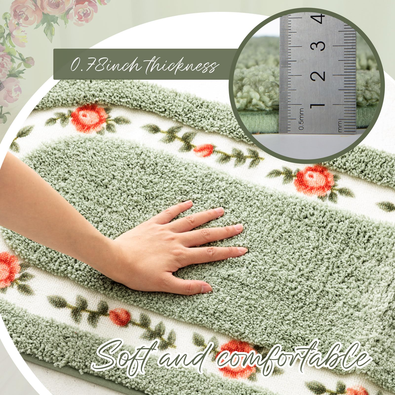 Drydiet Lot de 3 tapis de salle de bain antidérapants et absorbants avec motif de roses romantiques pour chambre à coucher, salle de bain, chambre à coucher, salon, 3 formes (vert)