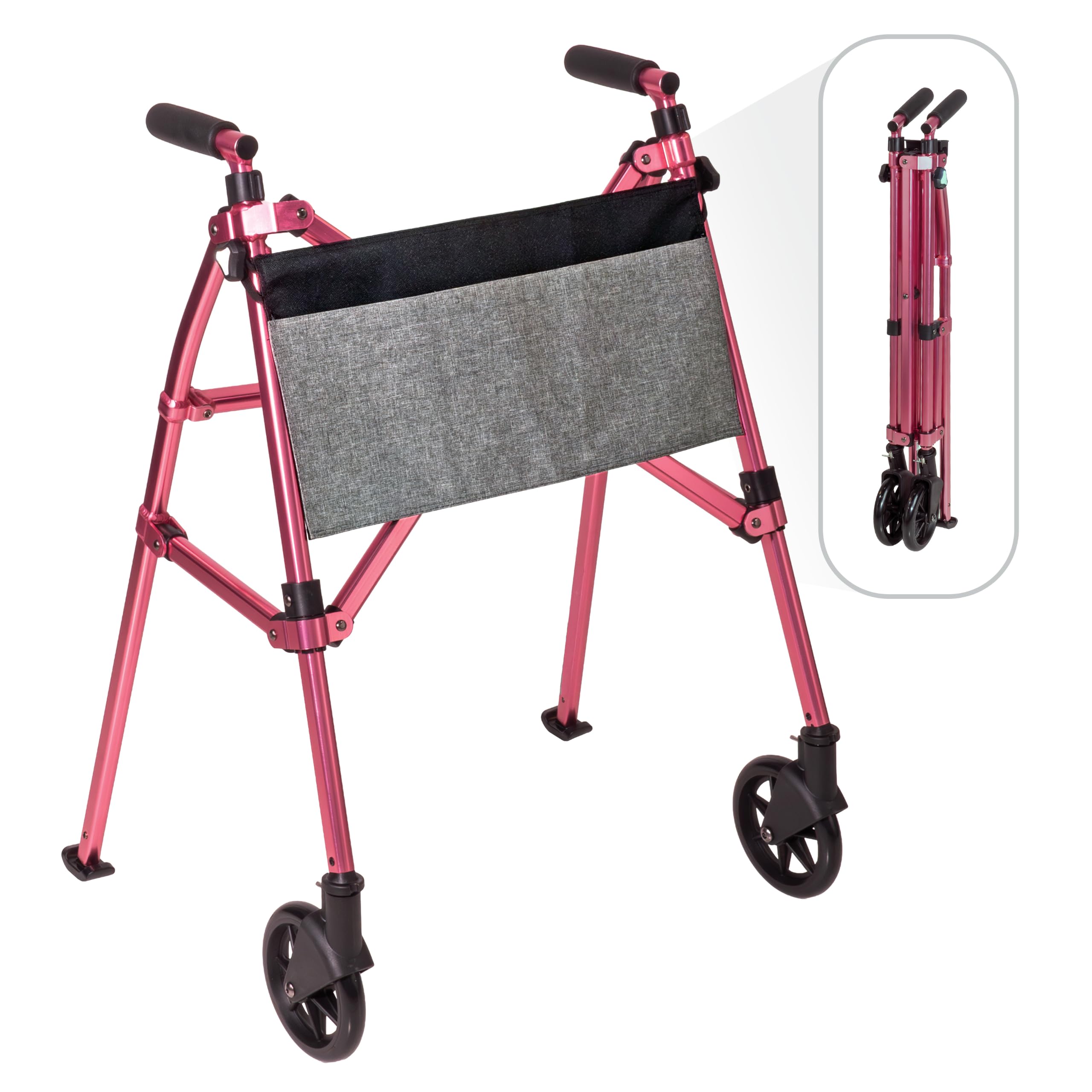 Stander Wonder Walker Plus, Lightweight Folding Mobility Aid for Adults, Seniors, and Elderly, Collapsible Travel EZ Fold-N-Go with Wheels, Glides, &amp; Basket, Regal Rose