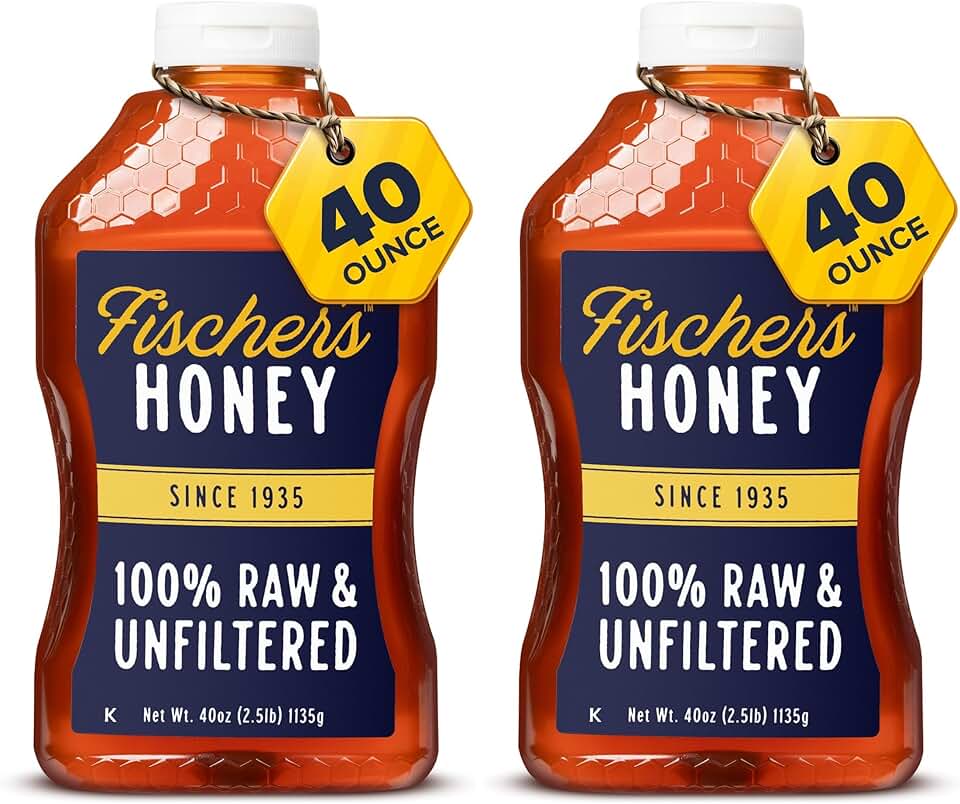 Fischer’s 100% Pure, Raw & Unfiltered Honey – USA Made Honey – All-Natural Sweetener – Rich Flavor Profile, Packed with Nutrients,