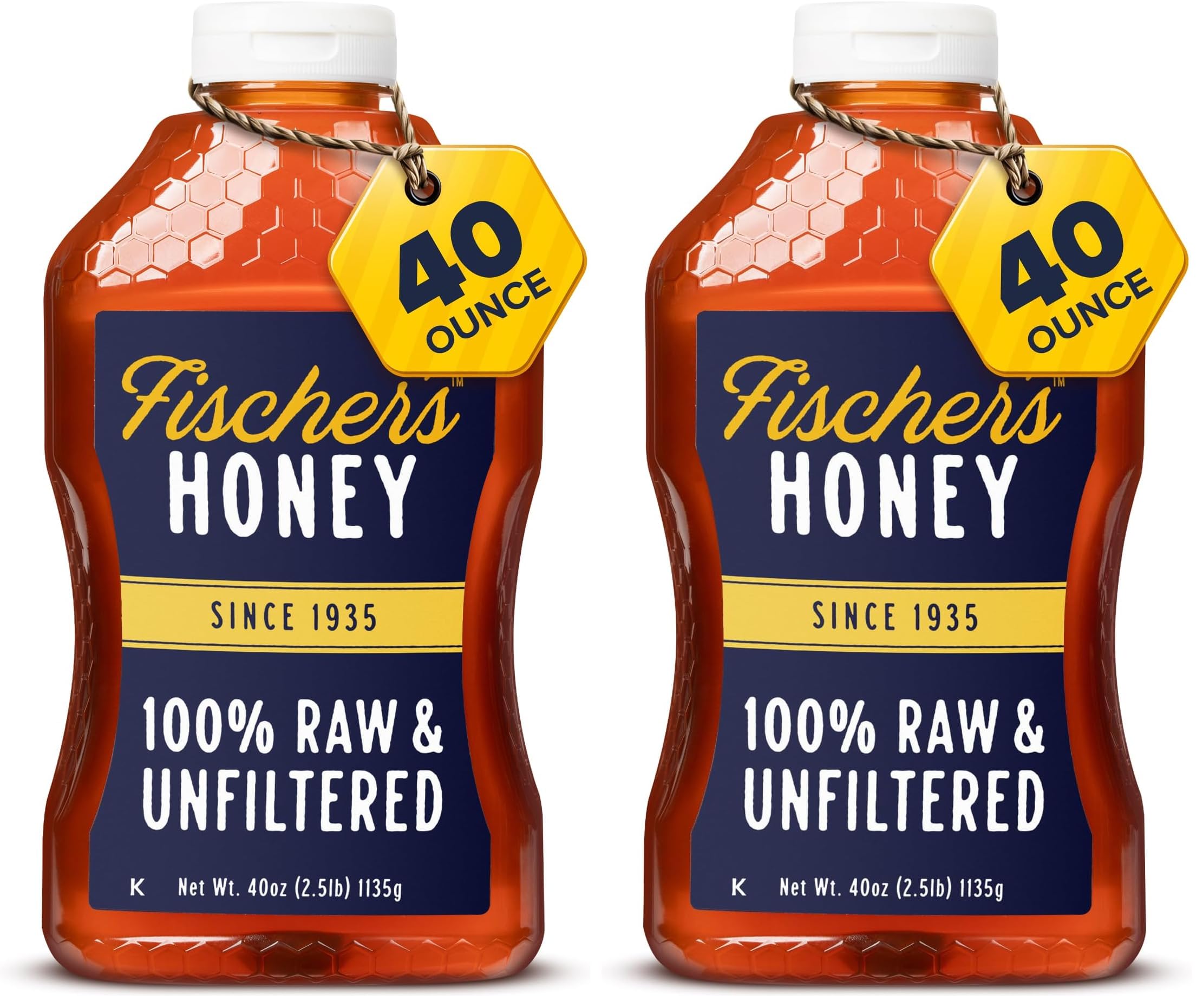 Fischer’s 100% Pure, Raw & Unfiltered Honey – USA Made Honey – All-Natural Sweetener – Rich Flavor Profile, Packed with Nutrients, 40 oz (Pack of 2)