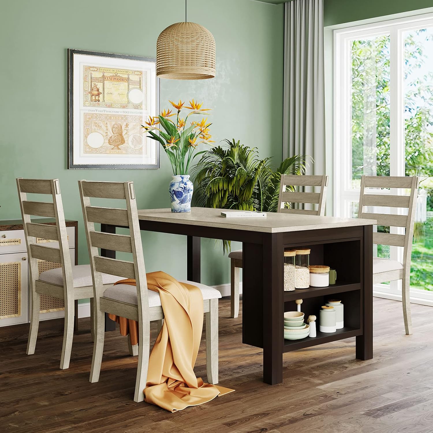 Farmhouse Wood Dining Table Set with 4 Padded Dining