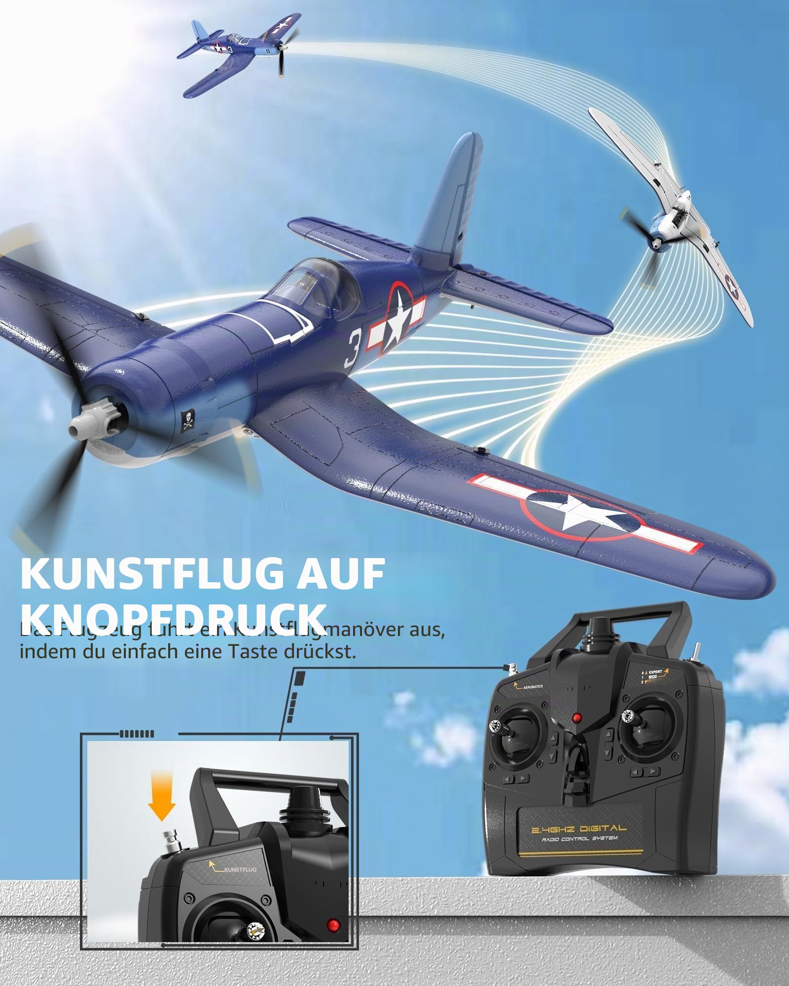 volantexrc RC Flugzeug für Anfänger, 4CH F4U RTF mit 2 Akkus und Xpilot Stabilisierung, Single Key Stunts, 2.4Ghz WWII RC Flugzeug für Erwachsene (76108)