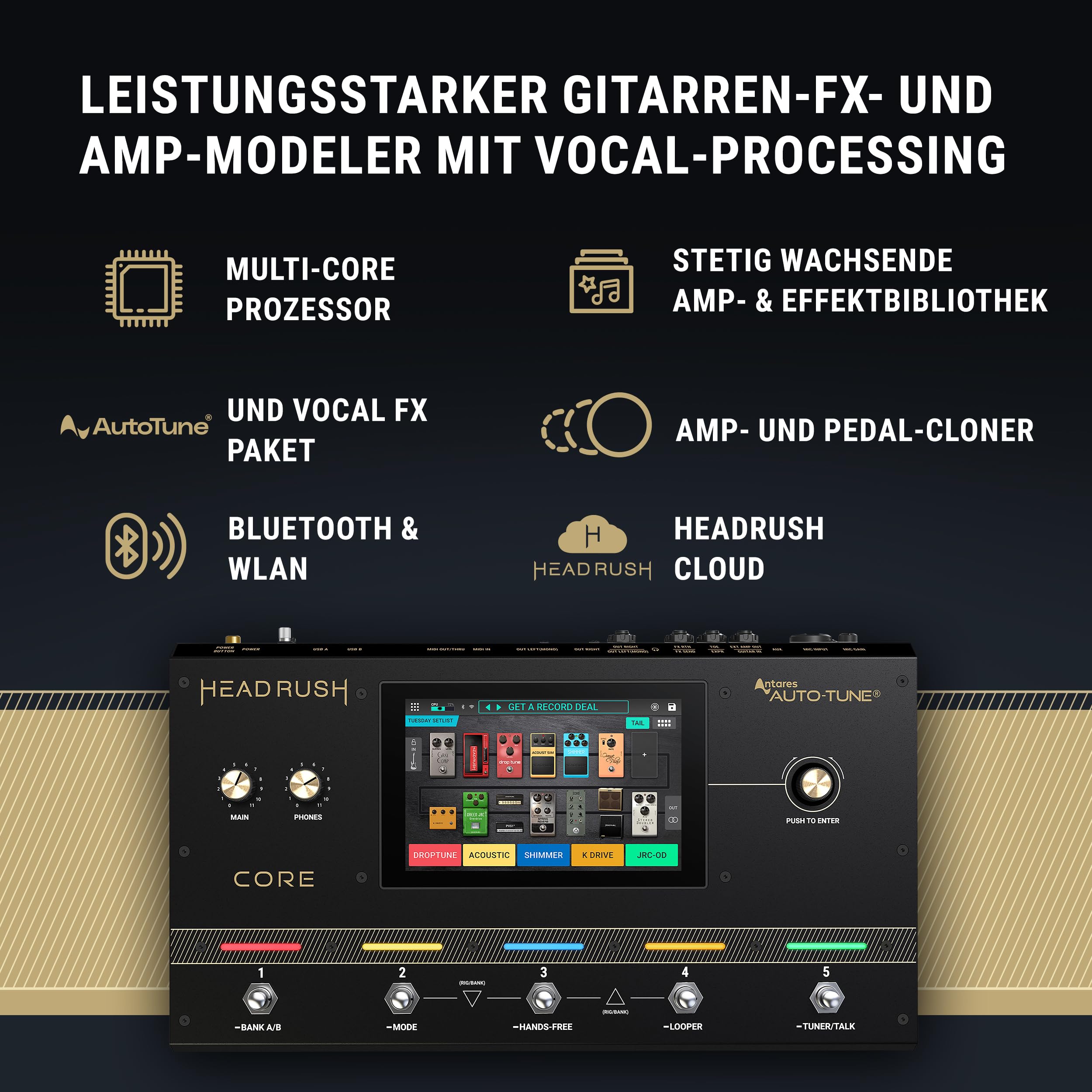 HeadRush Core - Gitarre und Vocal Multi Core Effekt Amp Modelling Prozessor mit Cloning, Looper, Antares Auto-Tune, WLAN, Touchscreen und Bluetooth