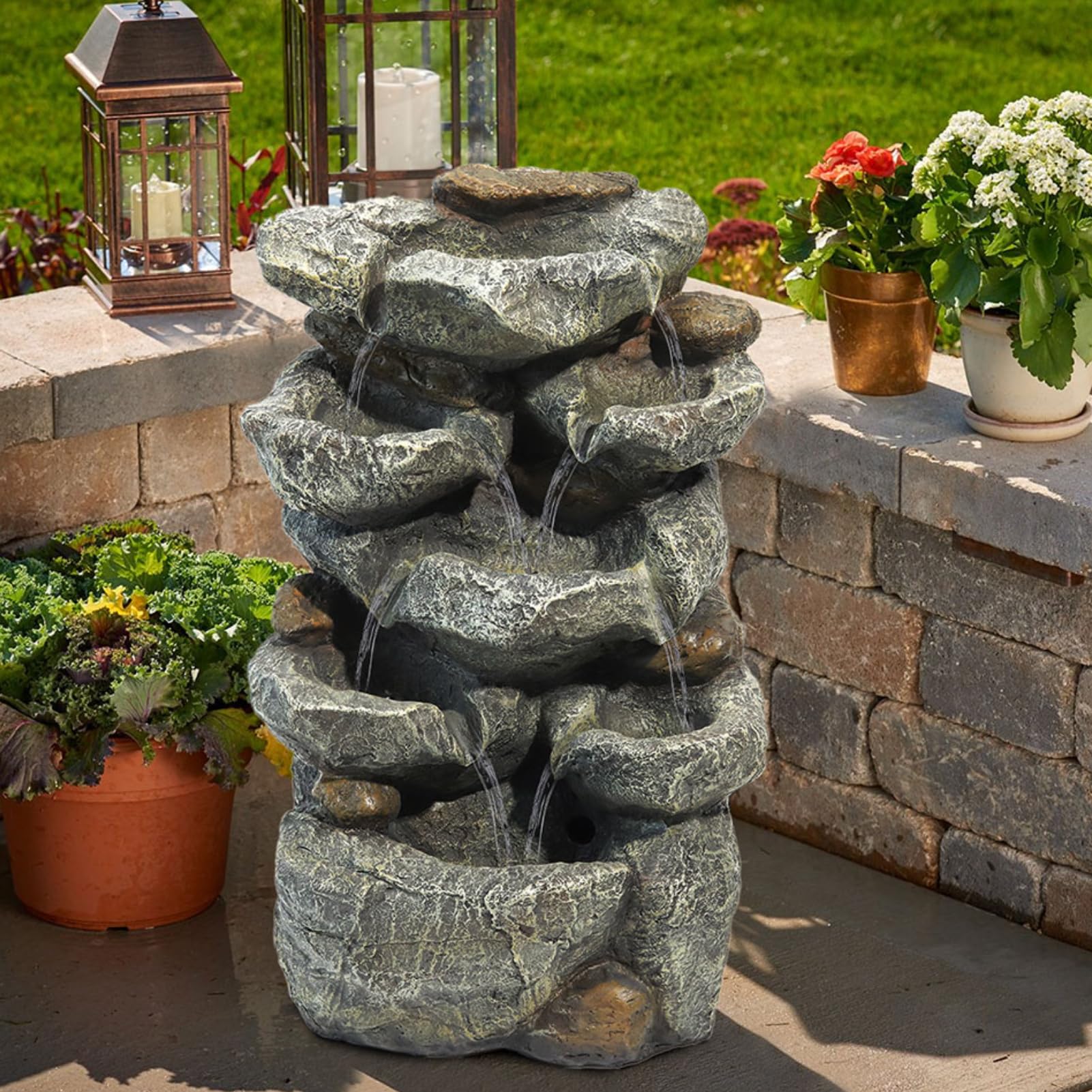 Warmiehomy Garden Fountains and Water Features, 5 Tier Electric Cascading Rock Fountain, Waterfall with Pump and LED Lights for Outdoor, Garden Ornaments Outdoor Indoor Height 49CM, Grey