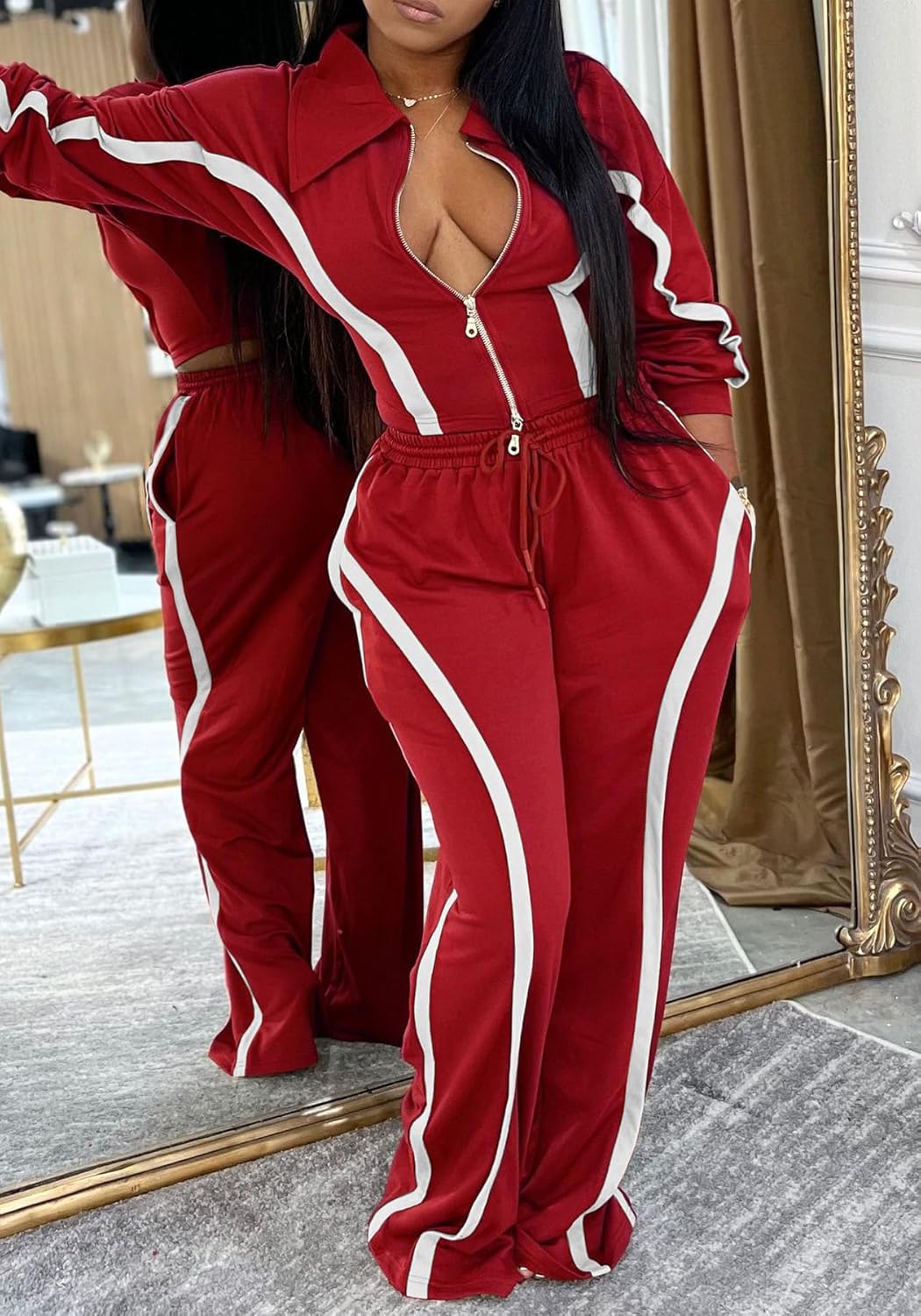 Famnbro Women 2 Piece Lounge Sets Stripe Zip Up Cropped Sweatshirts and Wide Leg Sweatpant Sweatsuit Tracksuit Matching Set