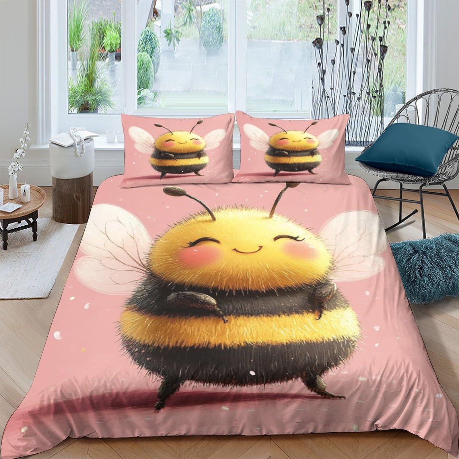 Ctjqhvkz Style-1 3D Printed Cute Bee Fitted Sheet Microfiber Pink Cartoon Bed Cover For Bedroom Dorm Mattress Protection Decor Single（135X200cm）