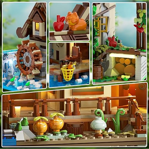 Miniatura 3 de Juego de construcción de cabaña de madera con luz, 2570 piezas de madera de bosque de juguete con estanque de agua, modelo de construcción de casa