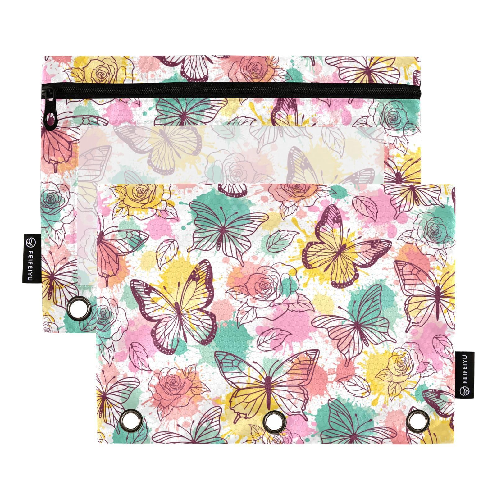 CBBYY Butterfly Pencil Pouches for 3 Ring Binder,2 Pack 3 Ring Binder Pencil Case With Zipper Reinforced Grommets,Pencil Bags for Office Organizers