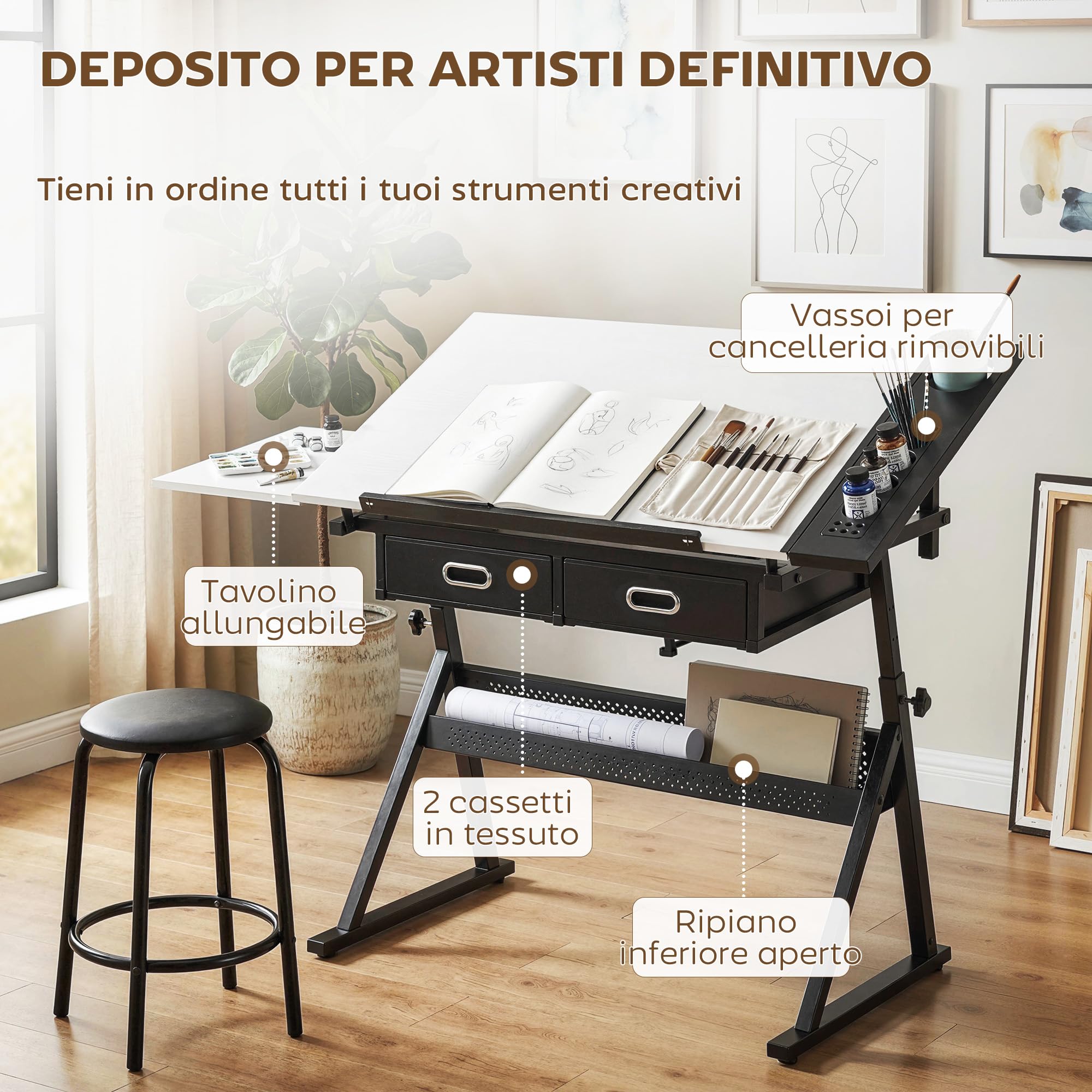 HOMCOM Tavolo da Disegno Inclinabile Altezza Regolabile con Sgabello, Scrivania per Disegno e Lavoro con Cassetti, Ripiano Portaoggetti per Pittura Ingegnere Scrittura Artisti Architetti, Bianco