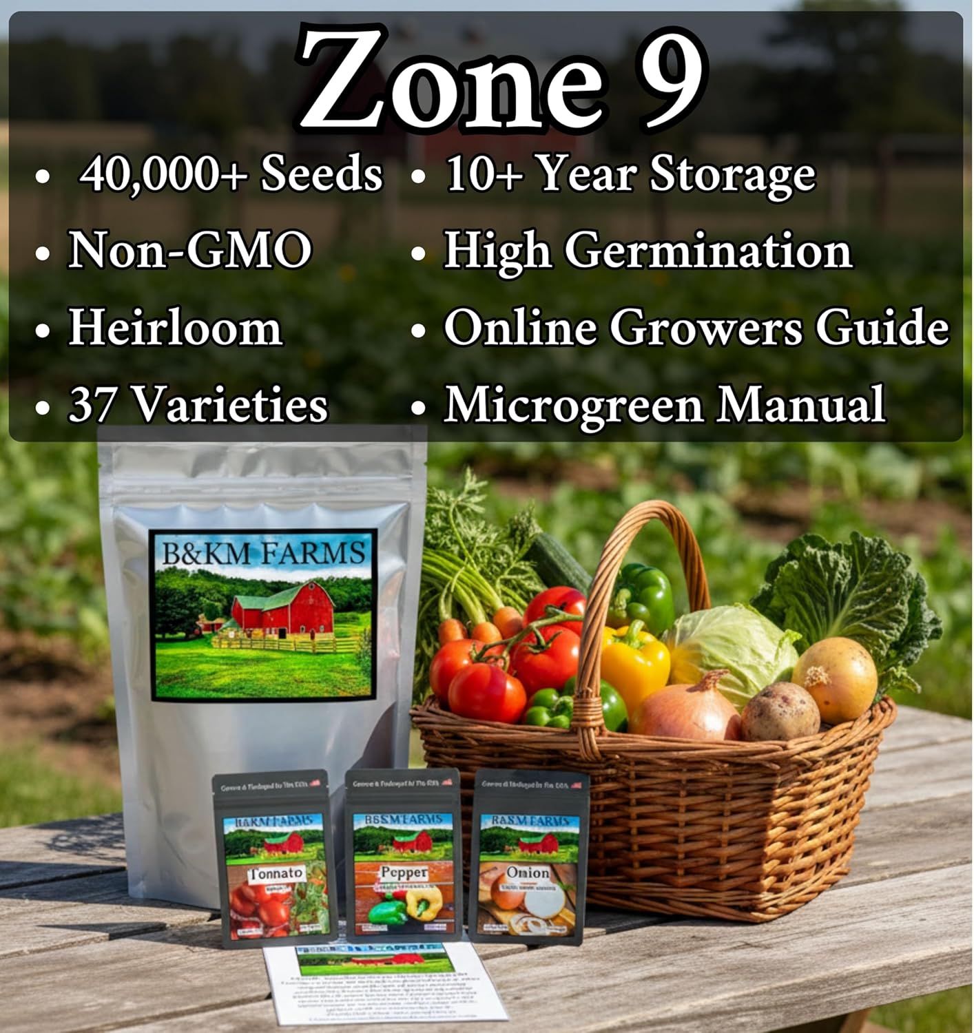 Garden Starter Kit 37 Heirloom Varieties, 40,000+ Seeds - Home-Grown Produce & Herbs - Great Gardening Gift for Beginners & Experts- Non-GMO Survival Seed Vault (USDA Zone 9)