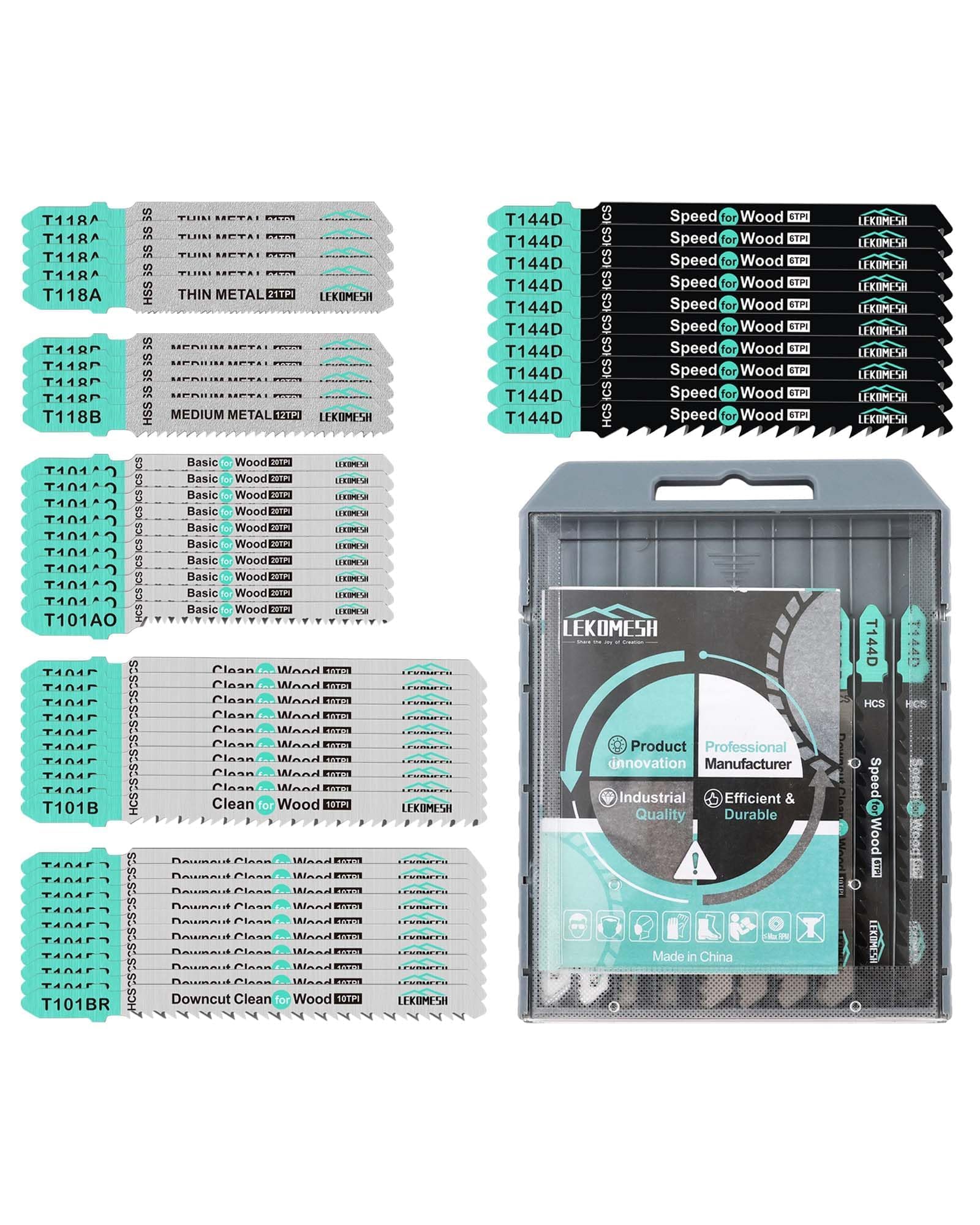 50 PCS Contractor Jigsaw Blades Set - Assorted T-Shank Jig Saw Blades for Wood, Plastic and Metal Cutting