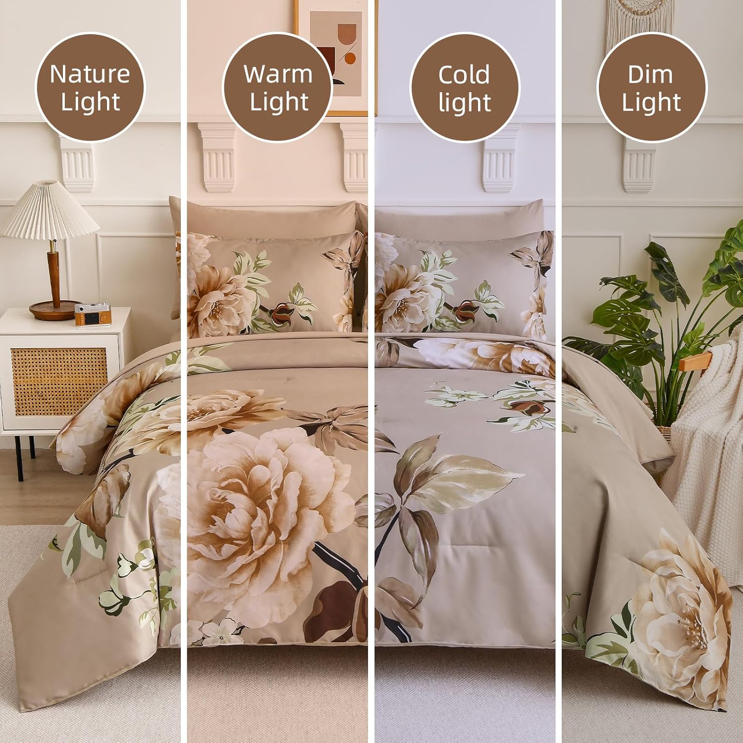 Drucon Floral Comforter Set Queen Size 7 Pieces Bed in a Bag, Khaki Floral Bedding Set, Soft Microfiber Comforter and Sheet Set for All Season (Queen, 90"x90") - Image 5