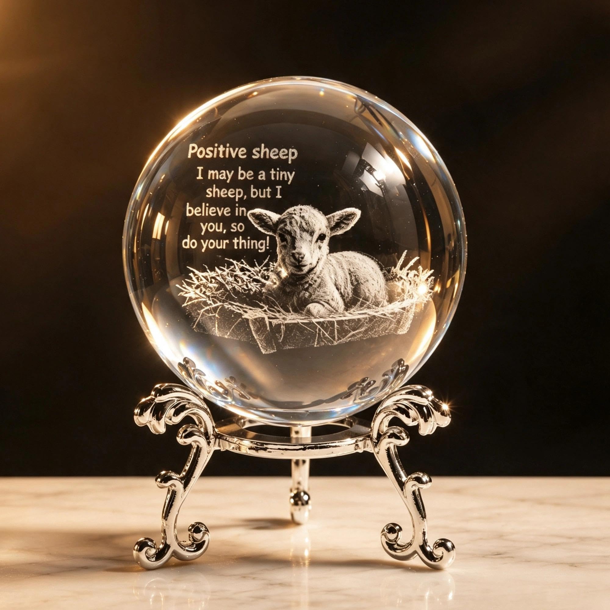 60mm 3D Laser Engraved Sheep Crystal Ball With Stand Animal Decorative Ball — image 1