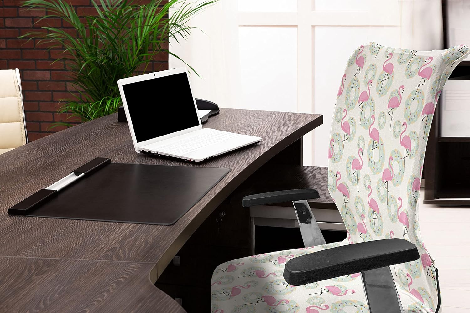 Ambesonne Flamingo Office Chair Cover, Pink Flamingos and Donuts Tropical Hawaiian Animals Delicious Desserts, Stretchable Decorative Universal Size High Back Printed Slipcover, Green Mint