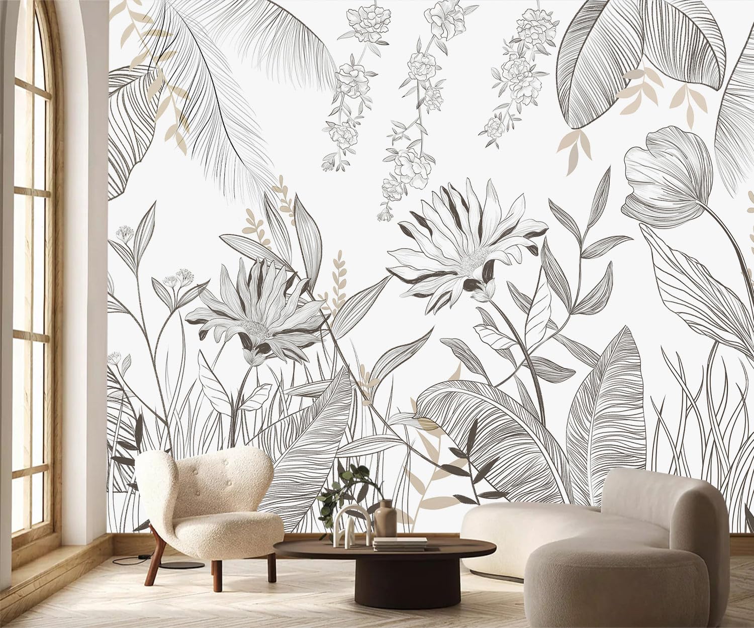 PYFFYP- Grey and White Tropical Leaf Wallpaper murals for Living Room?Not Peel and Stick?
