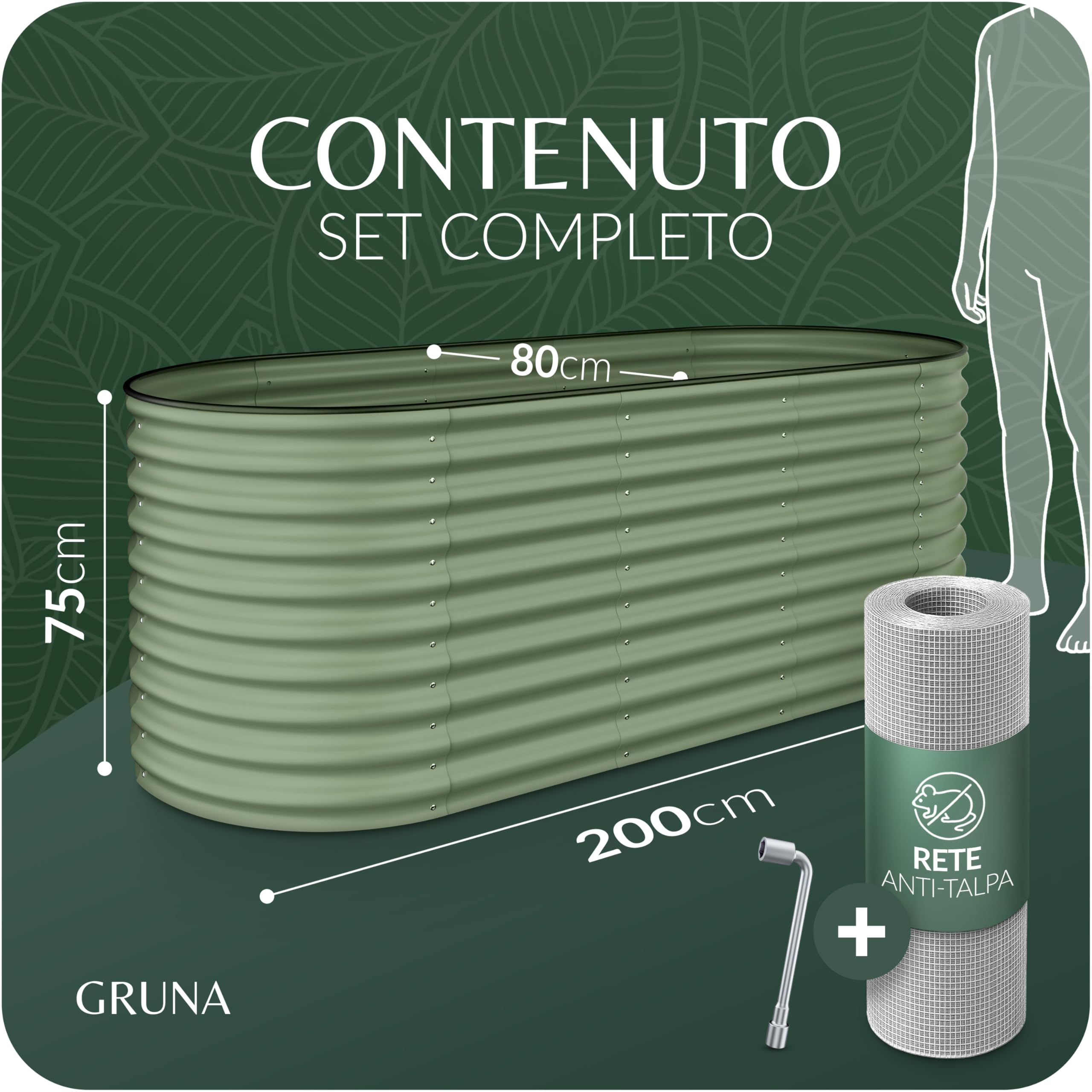 GRUNA - Letto rialzato in metallo 200x80x75 cm I Kit letto rialzato modulare 6 in 1 I 100% antiruggine I Stabile dimensionalmente grazie ai rinforzi (Verde, 200x80x75)