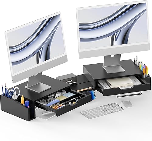 Simple Houseware Soporte elevador de escritorio para monitor doble con cajones extraíbles, color negro